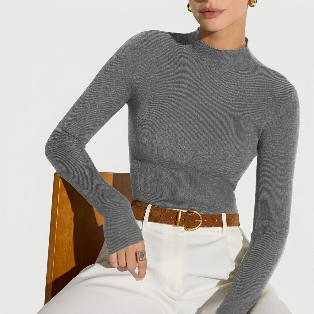 Haut Femme Col Montant Maille Coupe Ajustée Manches Longues Élégant