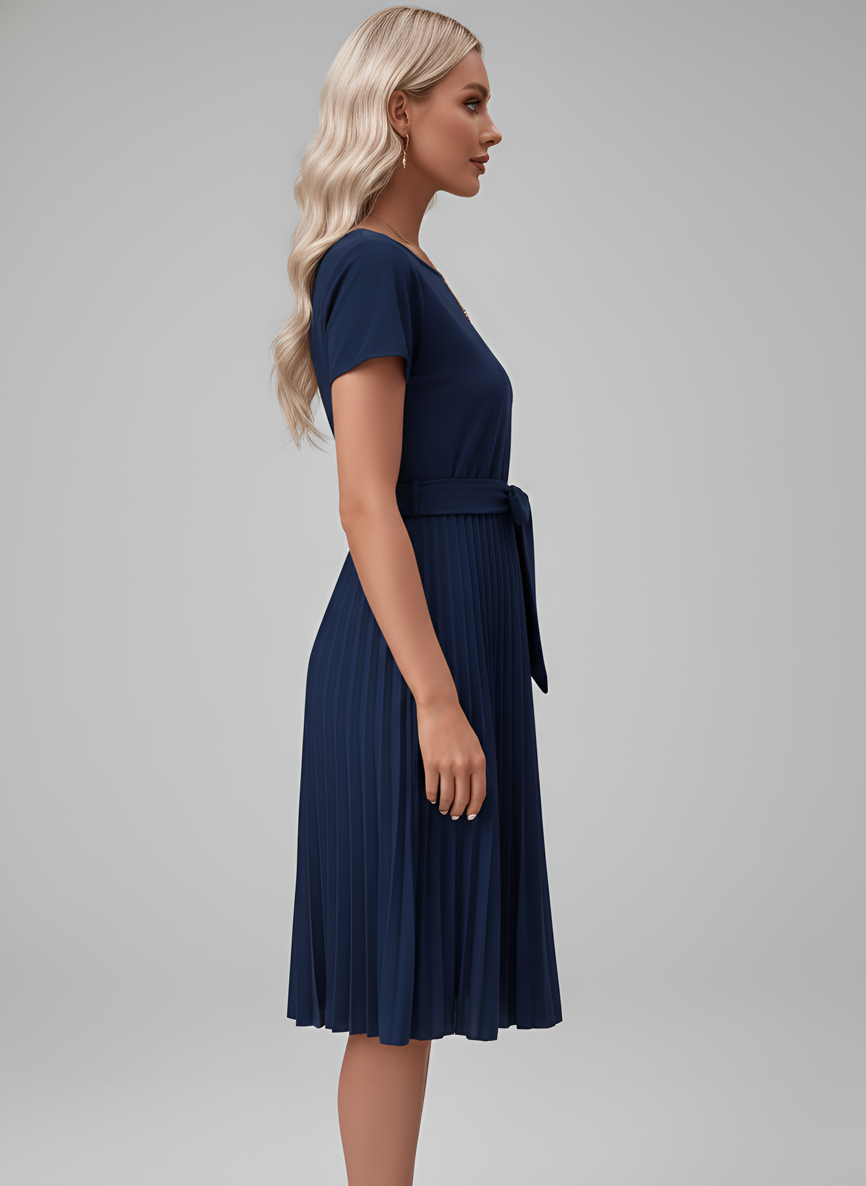 Robe Midi en Georgette pour Femme avec Ceinture et Jupe Plissée à Manches Courtes