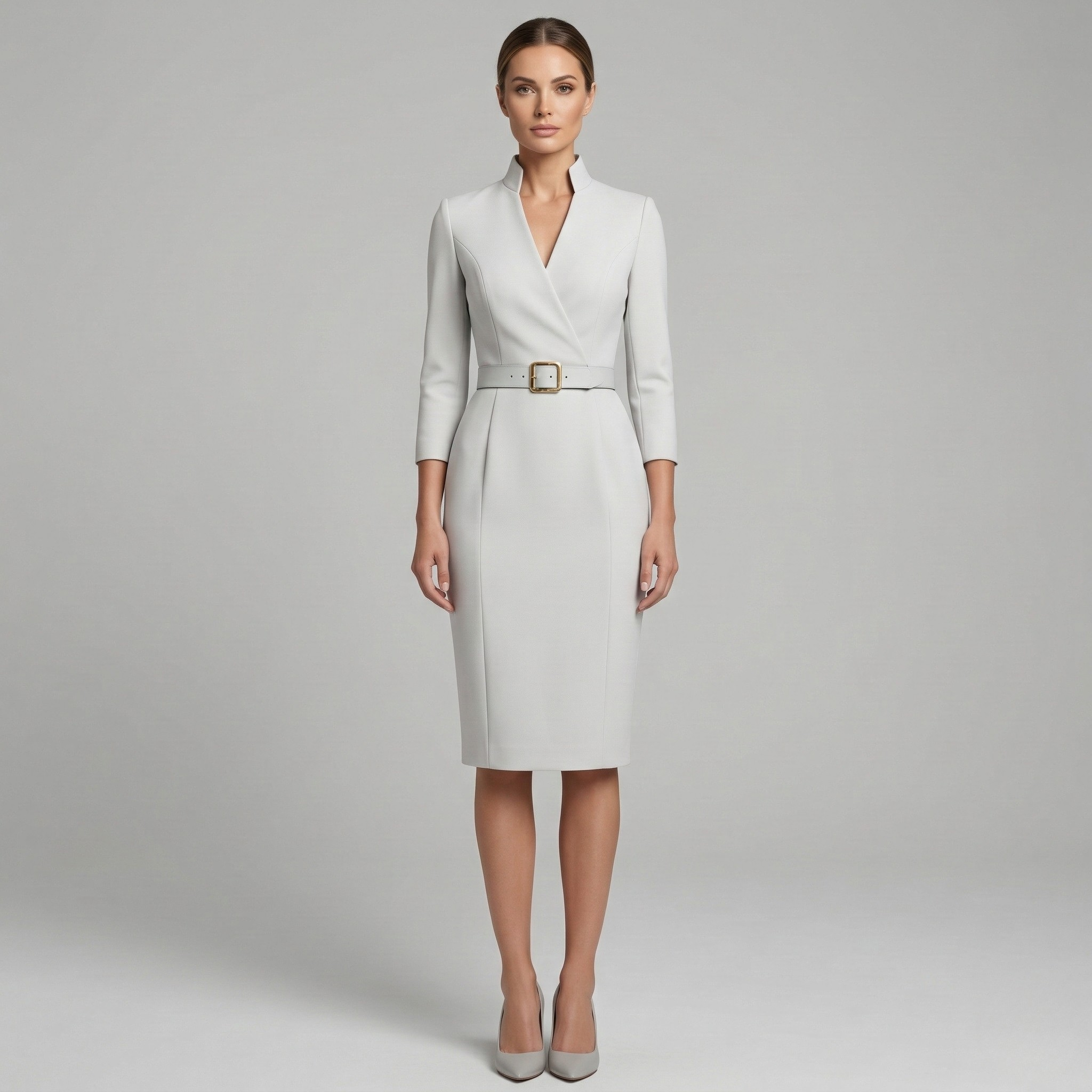 Robe Midi Ajustée avec Col Montant et Manches 3/4 avec Ceinture pour Femme