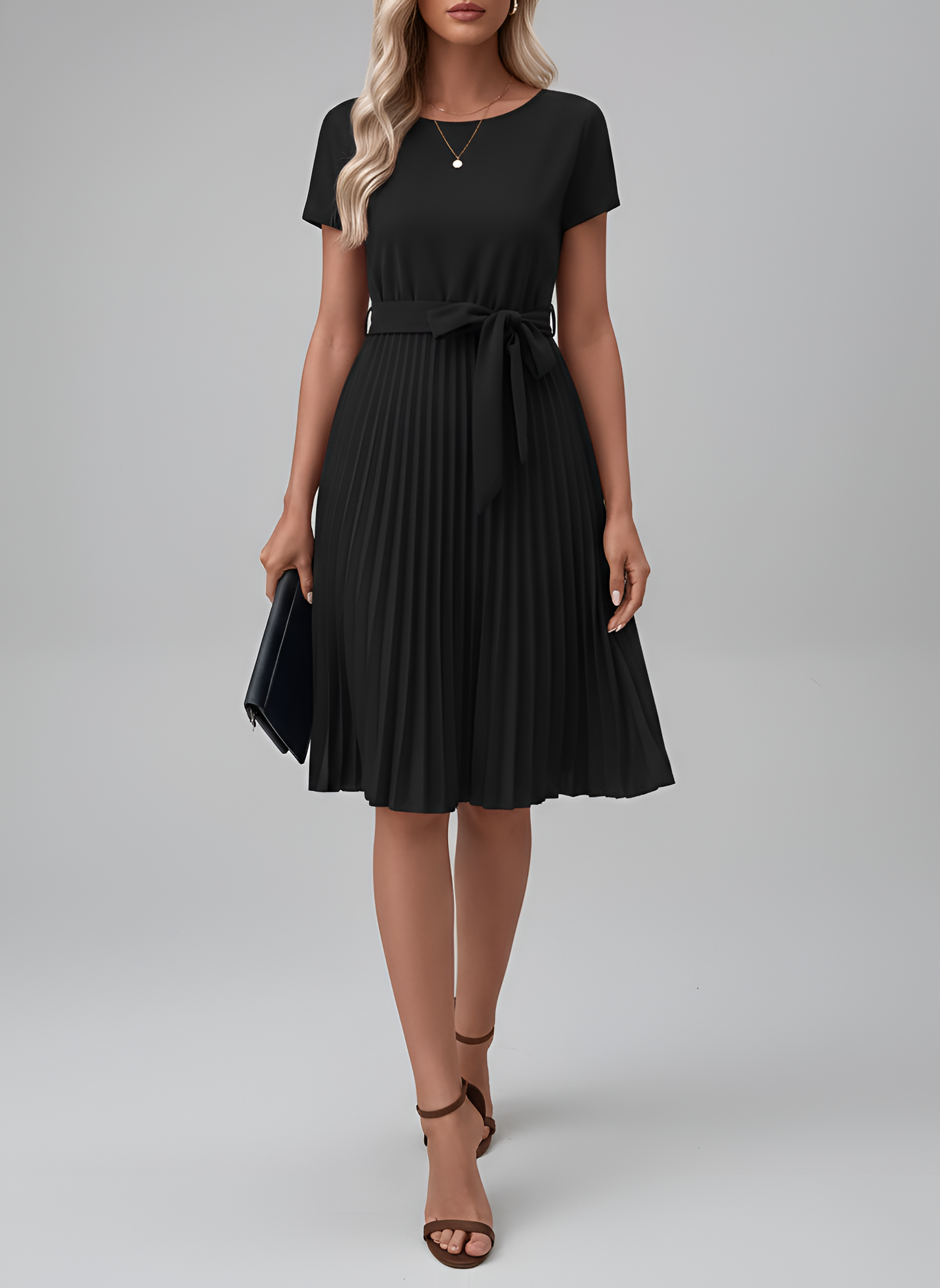 Robe Midi en Georgette pour Femme avec Ceinture et Jupe Plissée à Manches Courtes
