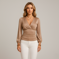 Blouse Femme avec Décolleté en V Croisé, Manches Longues et Ajustement Cintré
