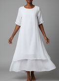 Robe Longue en Mélange de Coton avec Manches Courtes et Ourlet Irregulier