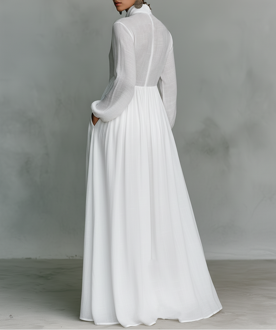 Elisa | Robe maxi en coton et lin avec patchwork, col montant et manches longues - Style minimaliste