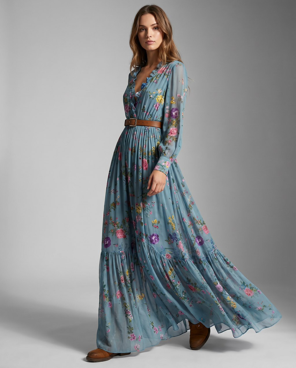 Robe Maxi Florale Bohème pour Femmes avec Manches Longues