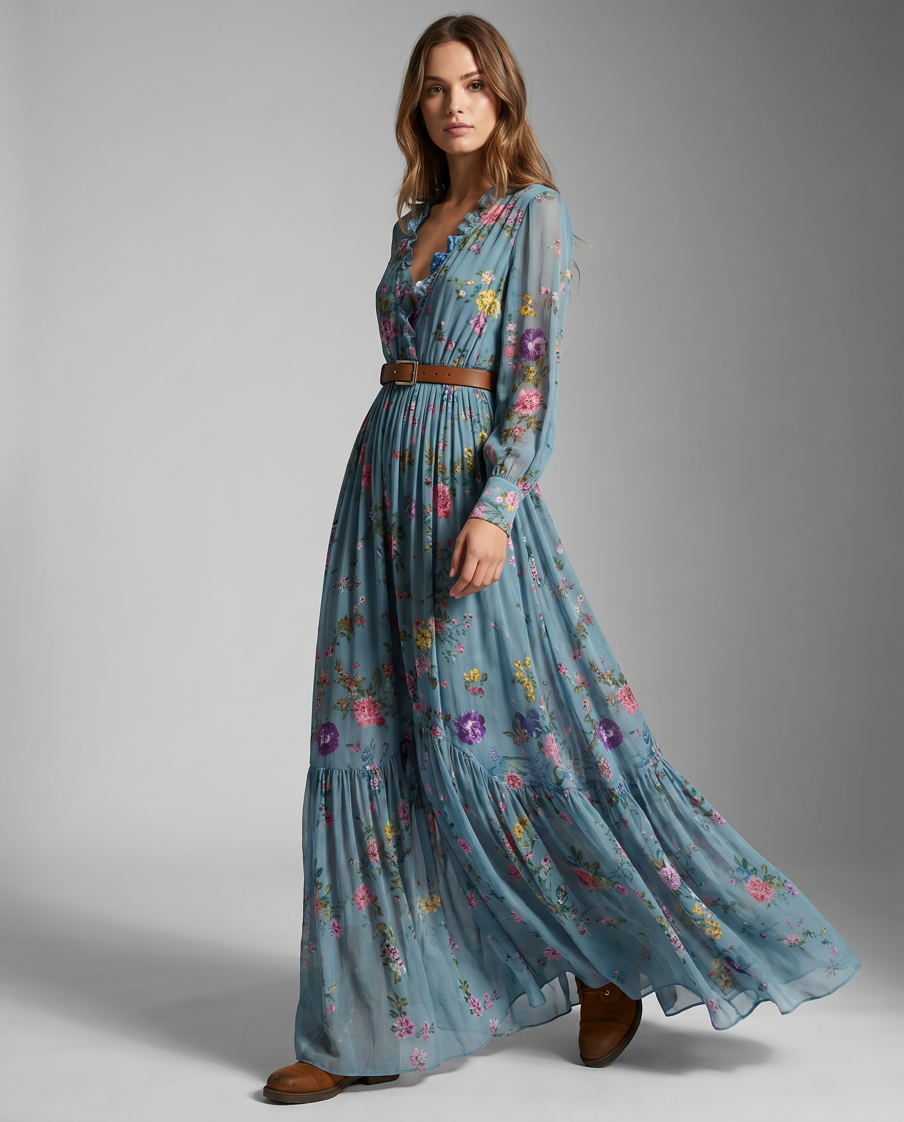 Robe Maxi Florale Bohème pour Femmes avec Manches Longues