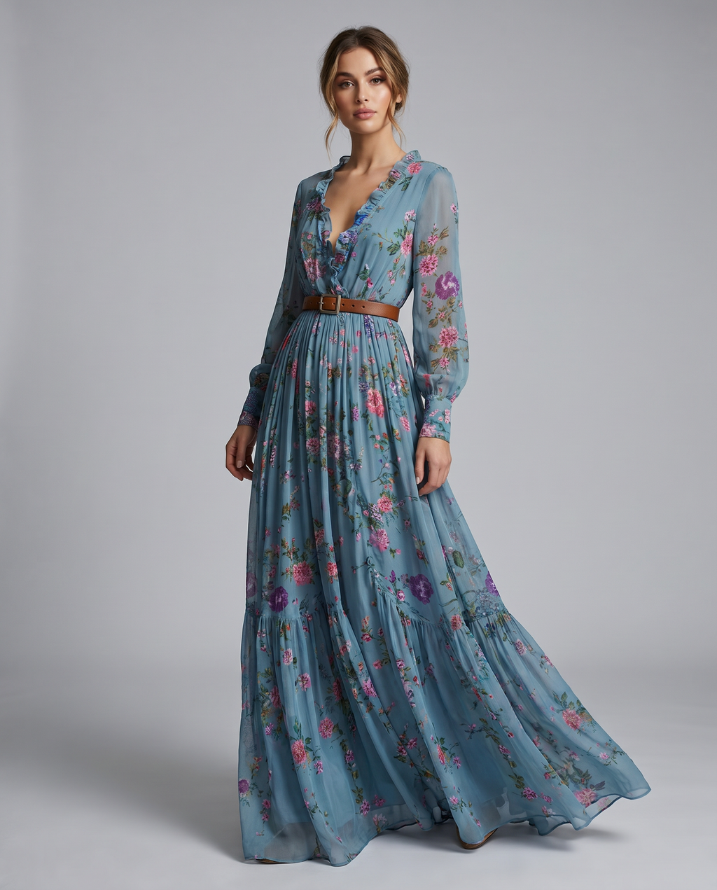 Robe Maxi Florale Bohème pour Femmes avec Manches Longues