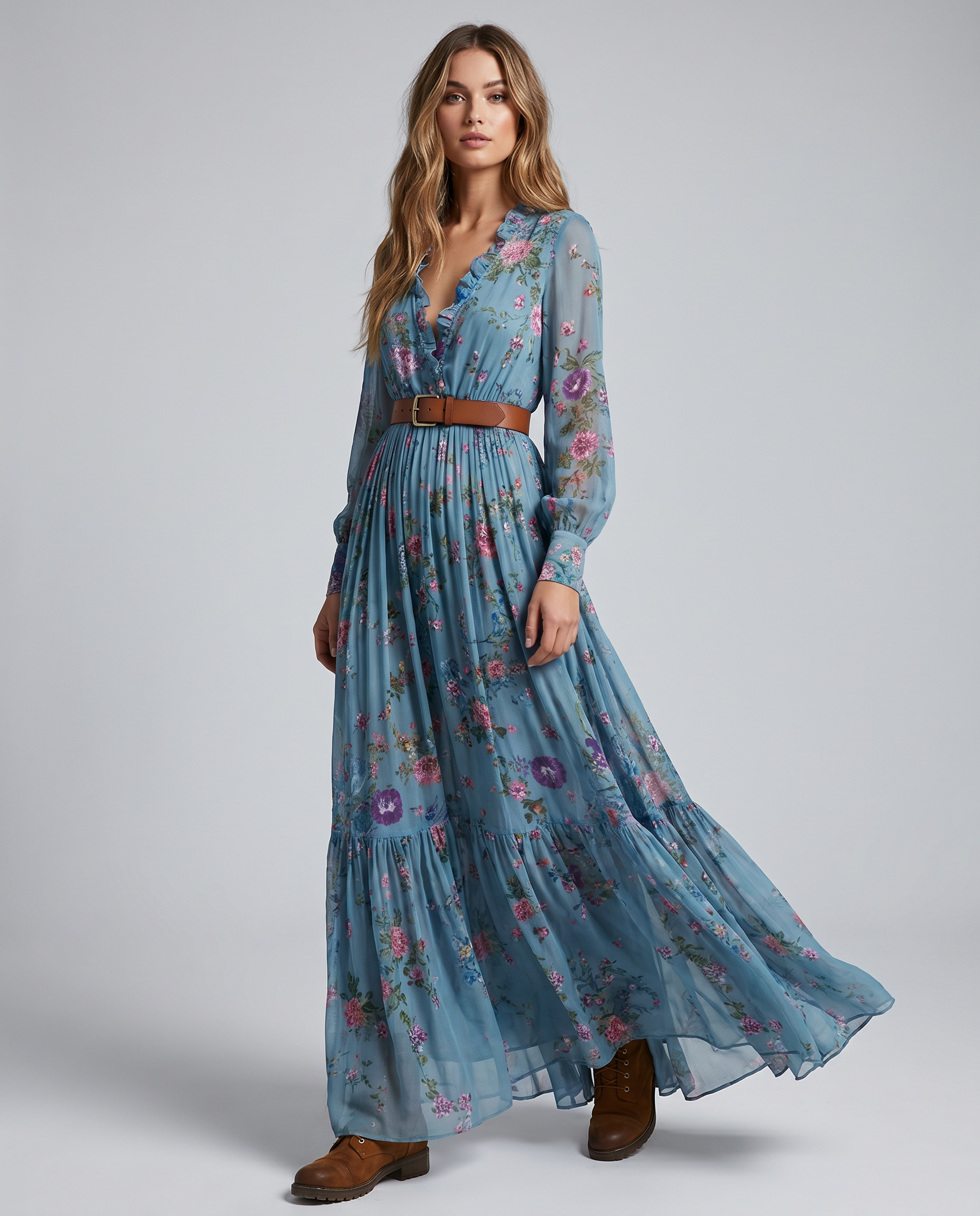 Robe Maxi Florale Bohème pour Femmes avec Manches Longues