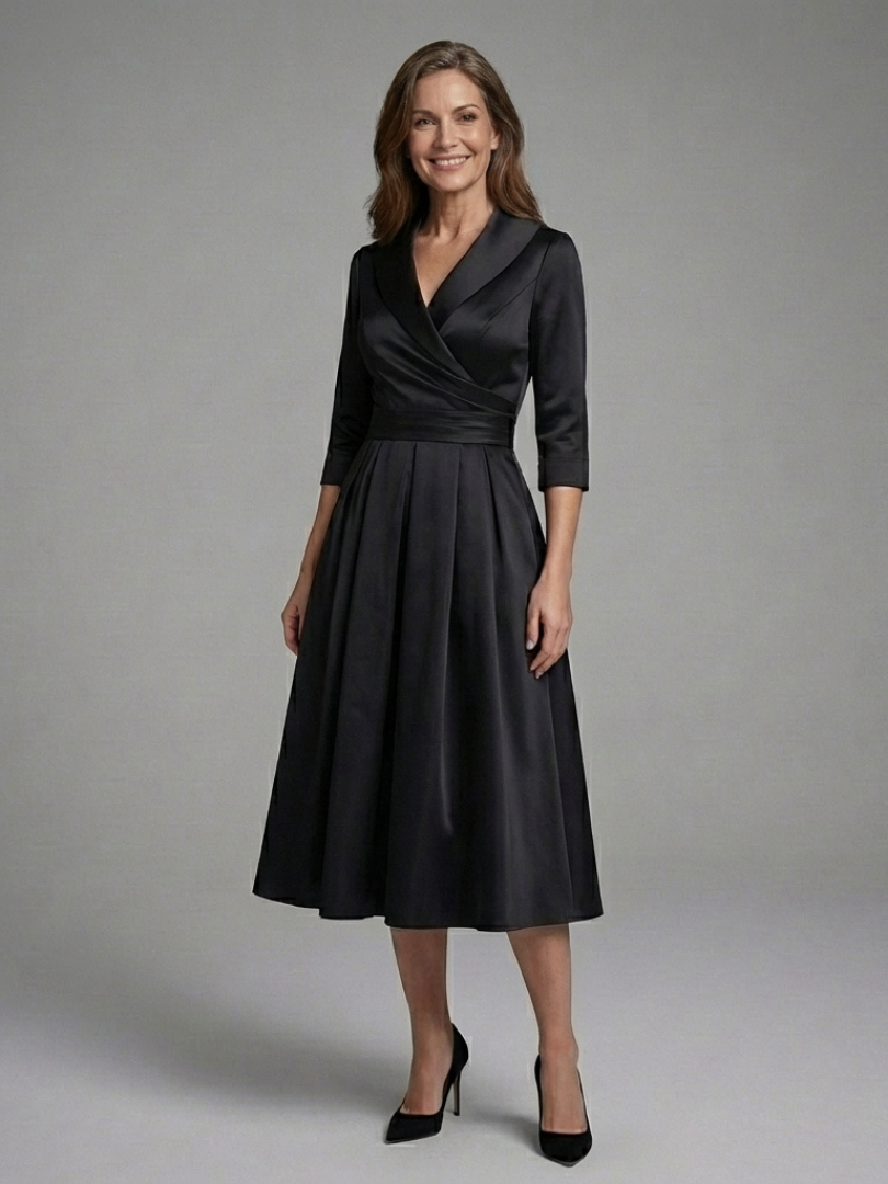 Genevieve | Robe midi à manches trois-quarts et corsage enveloppant