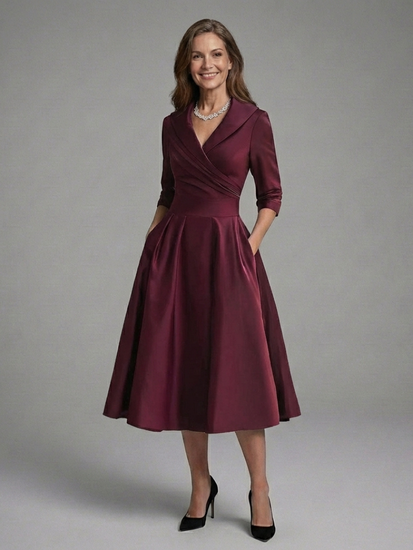 Genevieve | Robe midi à manches trois-quarts et corsage enveloppant