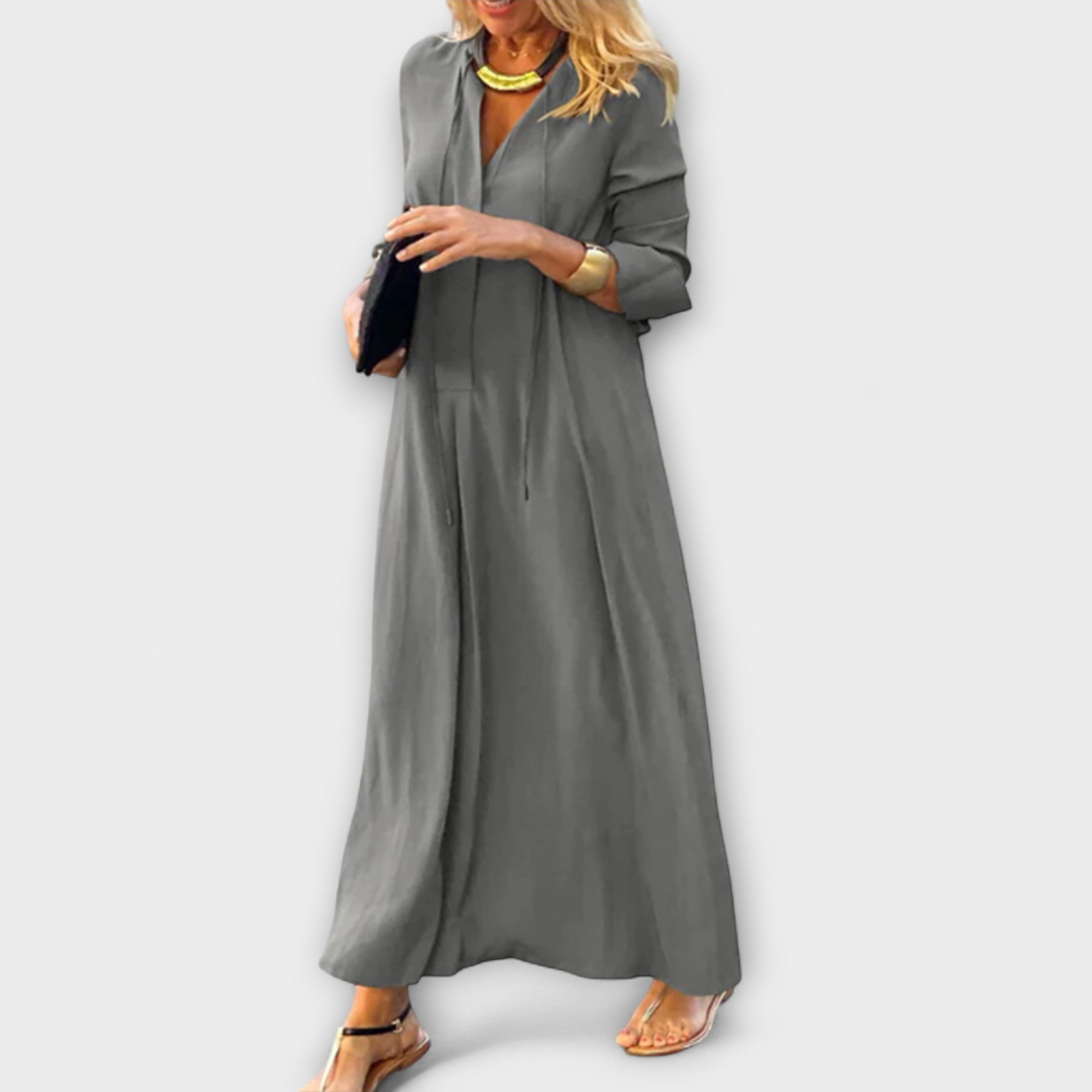 Robe Longue en Coton avec Décolleté en V et Coupe Ample pour Femme