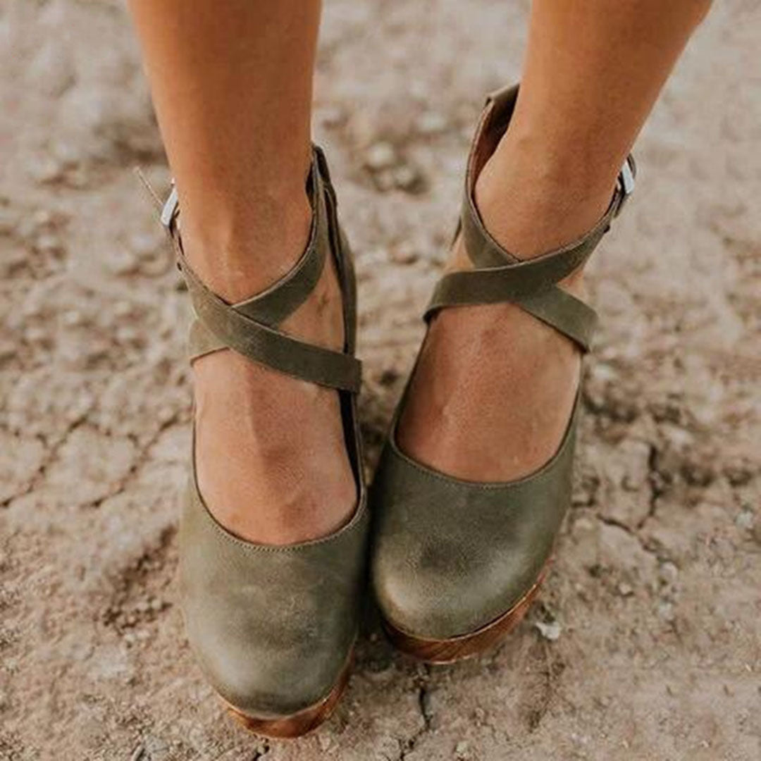 Chaussures à Talons Wedge à Bout Fermé et Sangle Ajustable au Cheville pour Femme
