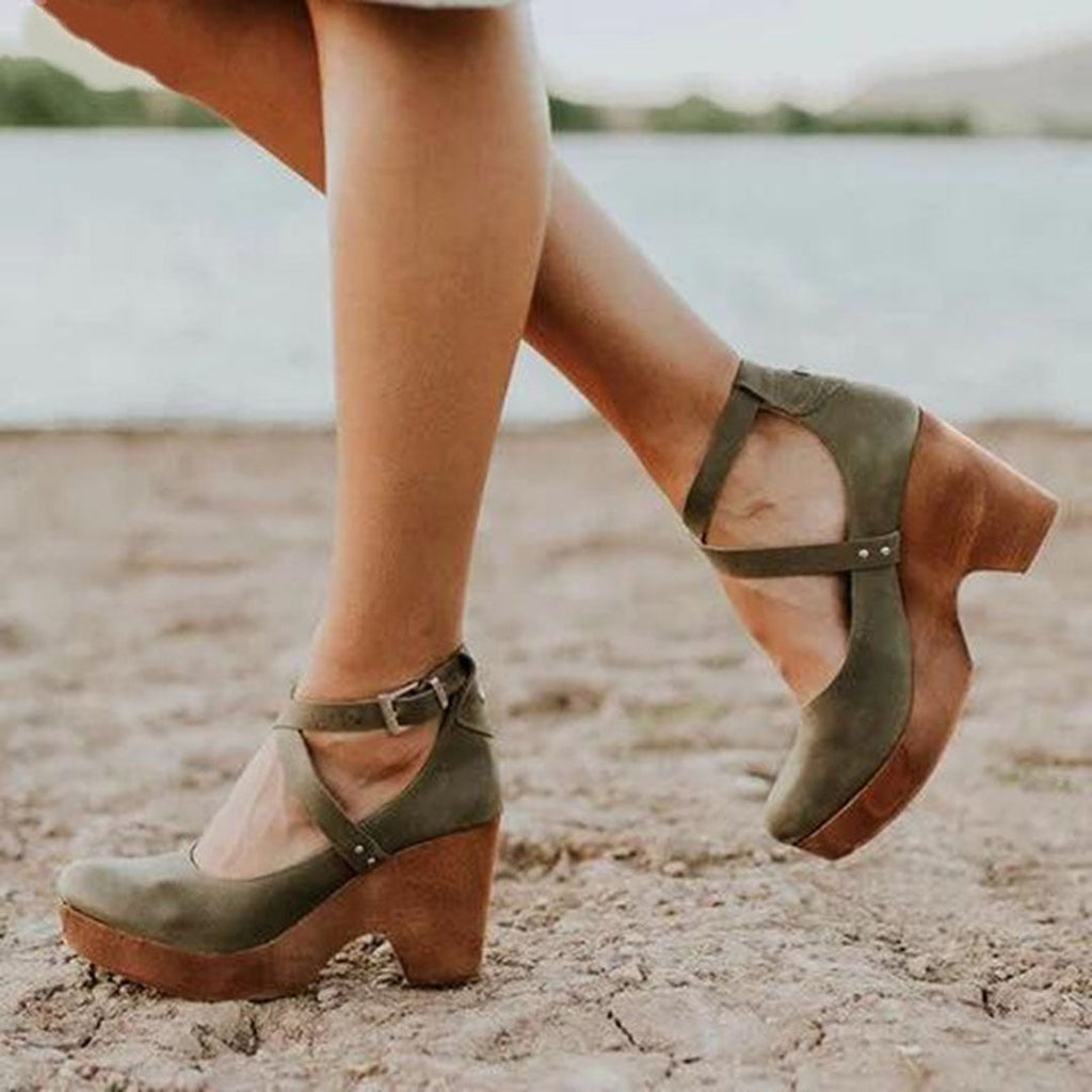 Chaussures à Talons Wedge à Bout Fermé et Sangle Ajustable au Cheville pour Femme