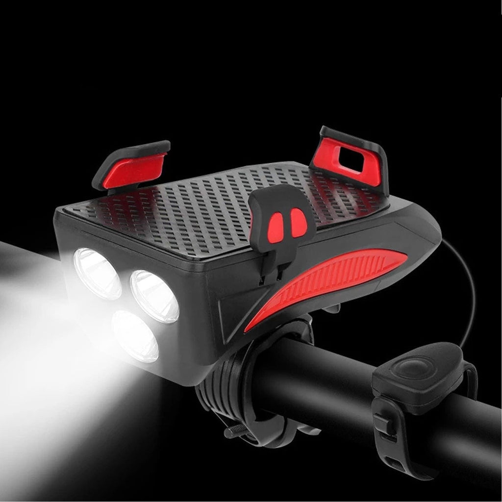 Lampe de Vélo Rechargeable 4-en-1 avec Powerbank, Support de Téléphone et Klaxon Électronique – Lampe de Sécurité LED pour Vélo