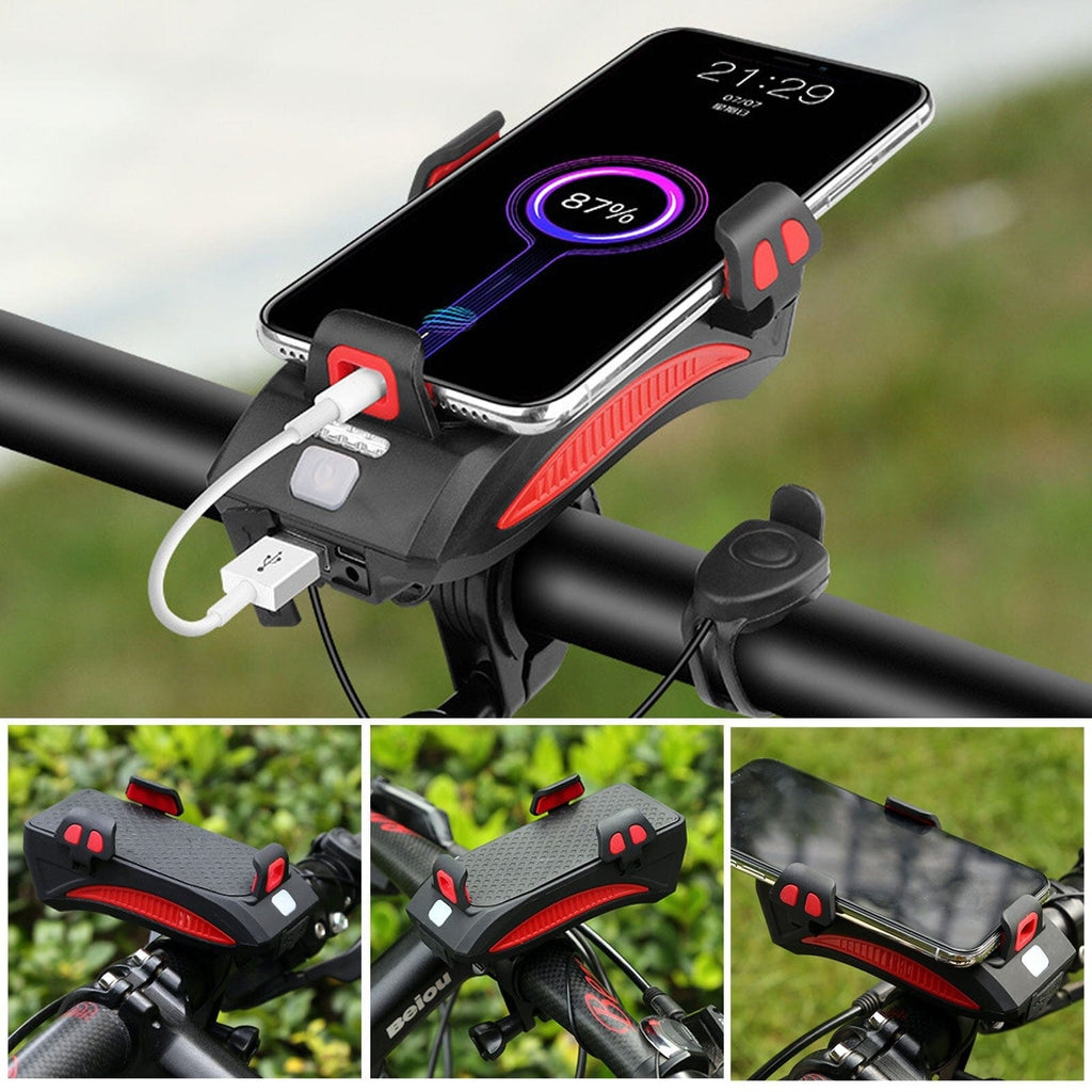 Lampe de Vélo Rechargeable 4-en-1 avec Powerbank, Support de Téléphone et Klaxon Électronique – Lampe de Sécurité LED pour Vélo