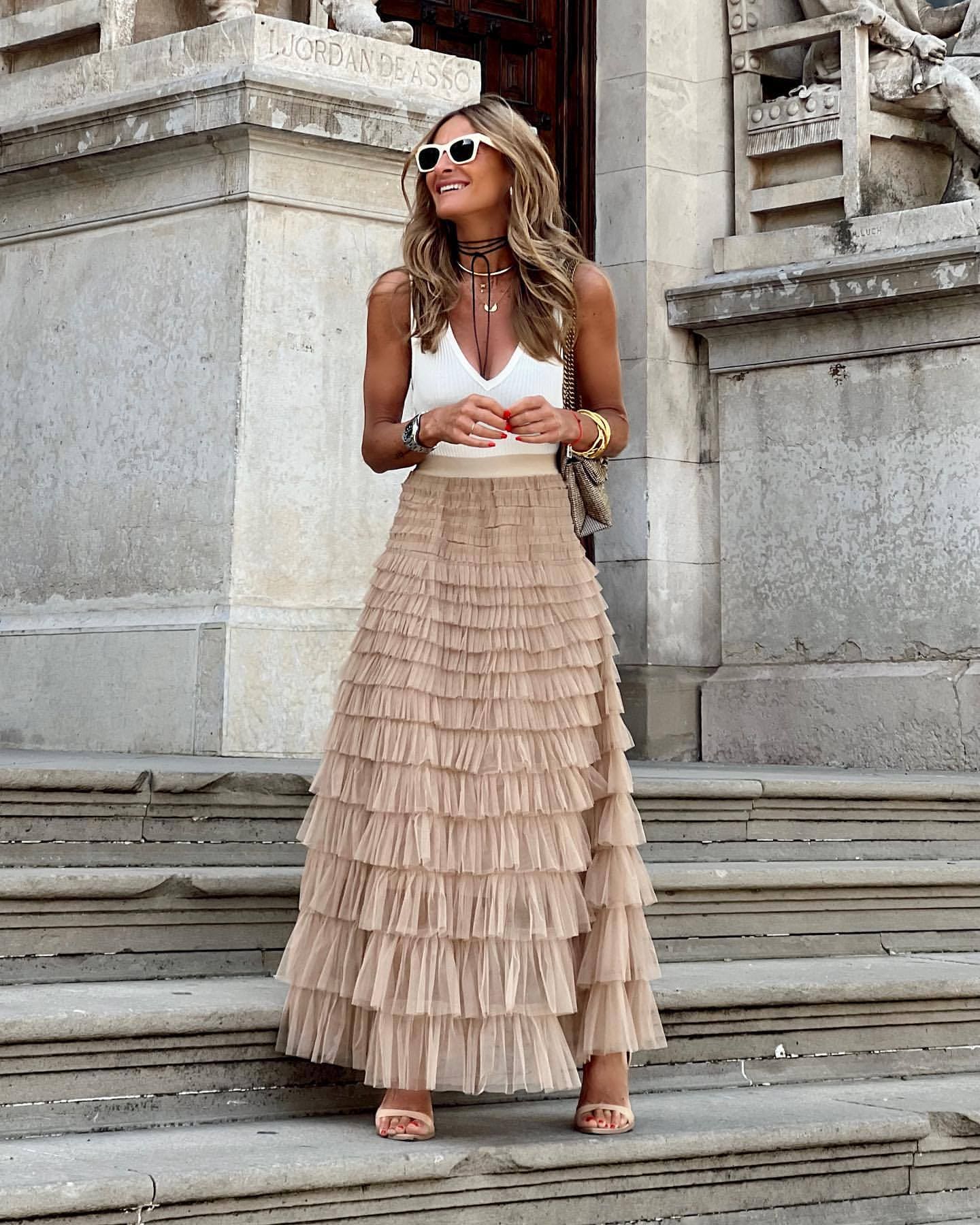 Jupe Maxi en Tulle avec Taille Élastique et Design Multicouches pour Femme