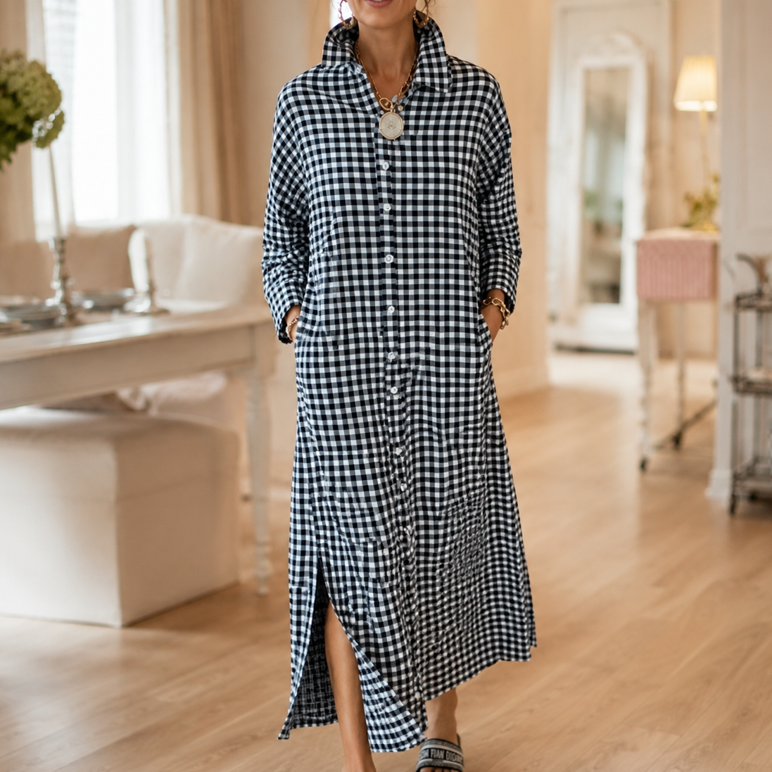 Harlowe – Robe chemise maxi à boutons vichy avec fentes sur les côtés