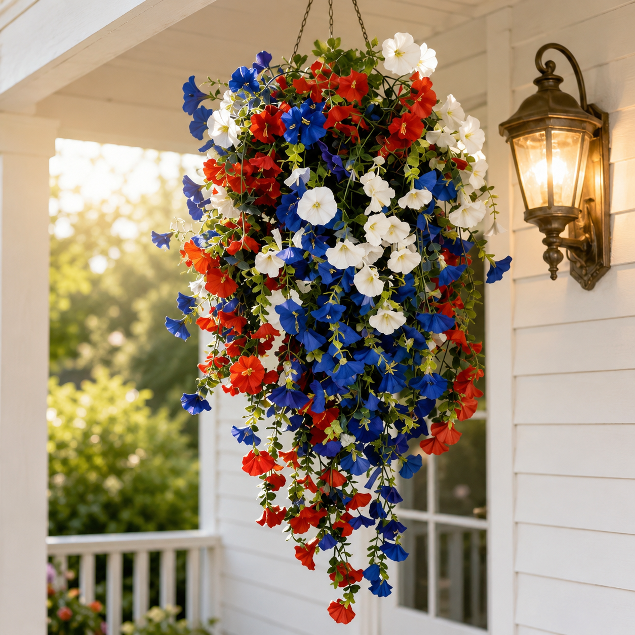 Liberty Bloom – Panier de Fleurs Suspendu Patriotique avec Lumières LED, Fleurs en Soie Rouge, Blanche et Bleue pour la Décoration de Porche du 4 Juillet