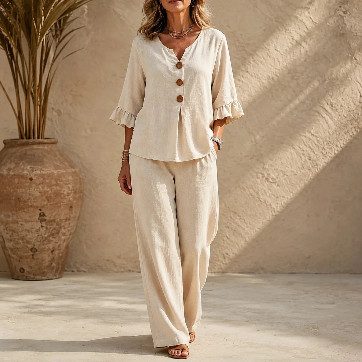 Lunavia – Ensemble de 2 pièces en aspect lin, haut à volants et pantalon large, tenue coordonnée pour femmes