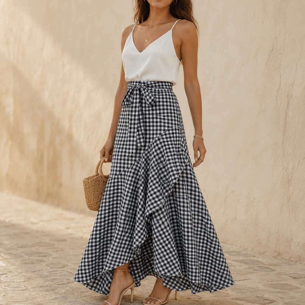 Veluna – Jupe maxi asymétrique à volants en vichy pour femmes