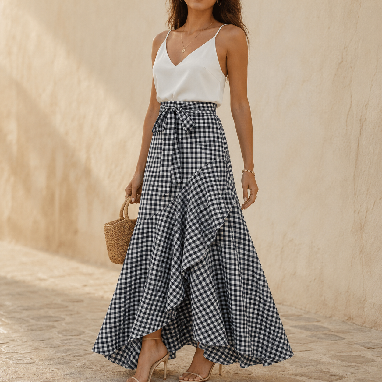 Veluna – Jupe maxi asymétrique à volants en vichy pour femmes