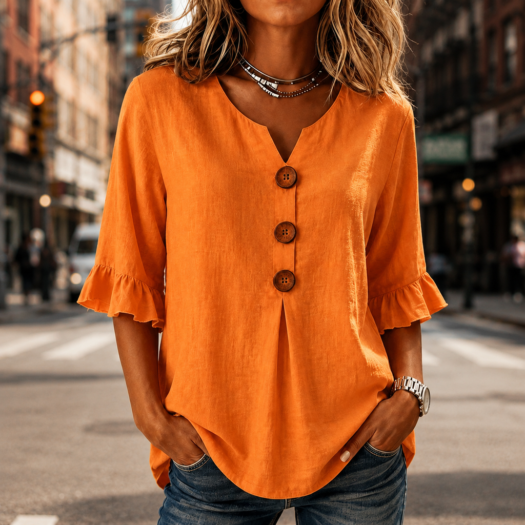 Laurelle – Blouse à manches volantées et décolleté en V avec boutons