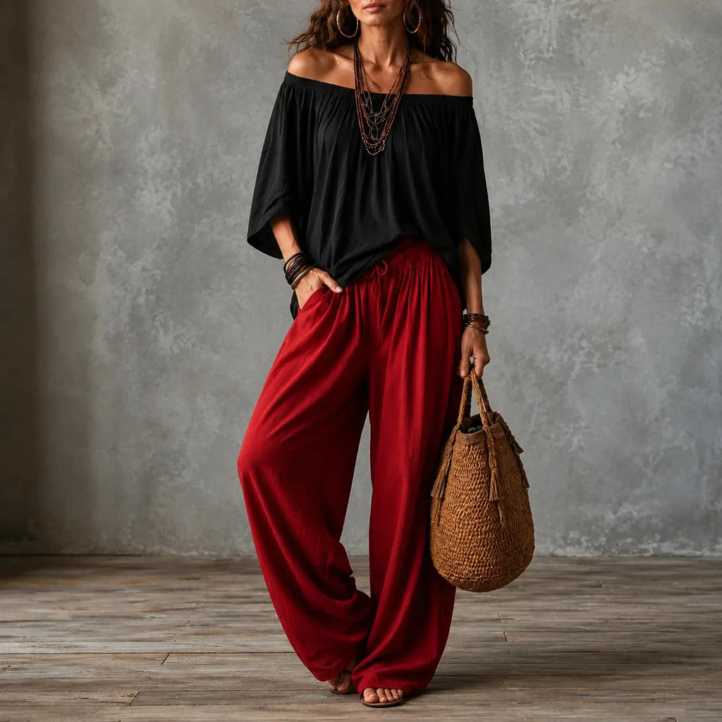 Solenza – Ensemble Haut Off-Shoulder Boho et Pantalons Lantern pour Femmes