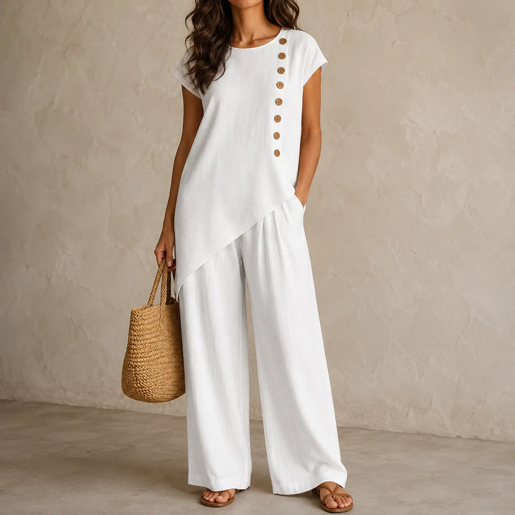 Elovena – Ensemble assorti à ourlet asymétrique avec pantalons à jambes larges