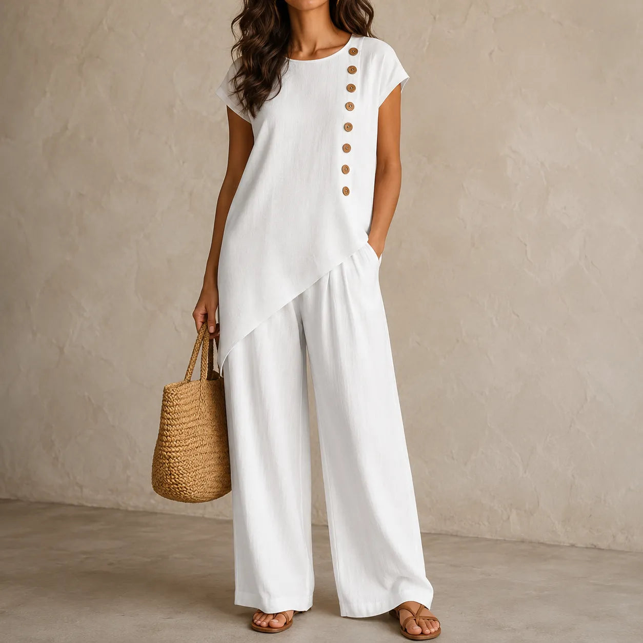 Elovena – Ensemble assorti à ourlet asymétrique avec pantalons à jambes larges