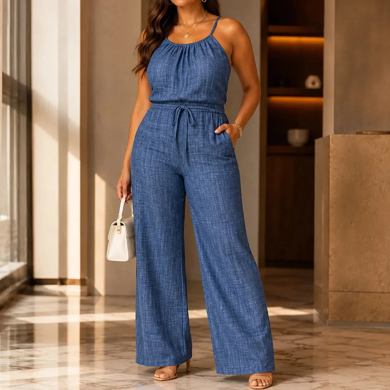 Soraya – Combinaison à bretelles larges avec cordon de serrage, Look Denim d'été