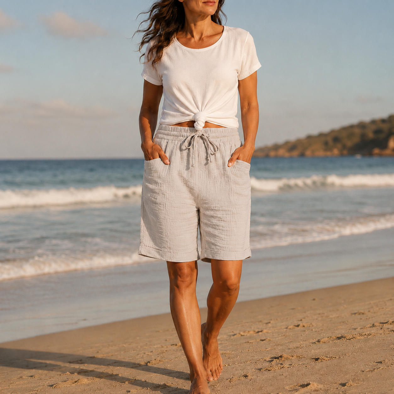 Brisella – Shorts Bermuda froissés avec taille à cordon de serrage et poches