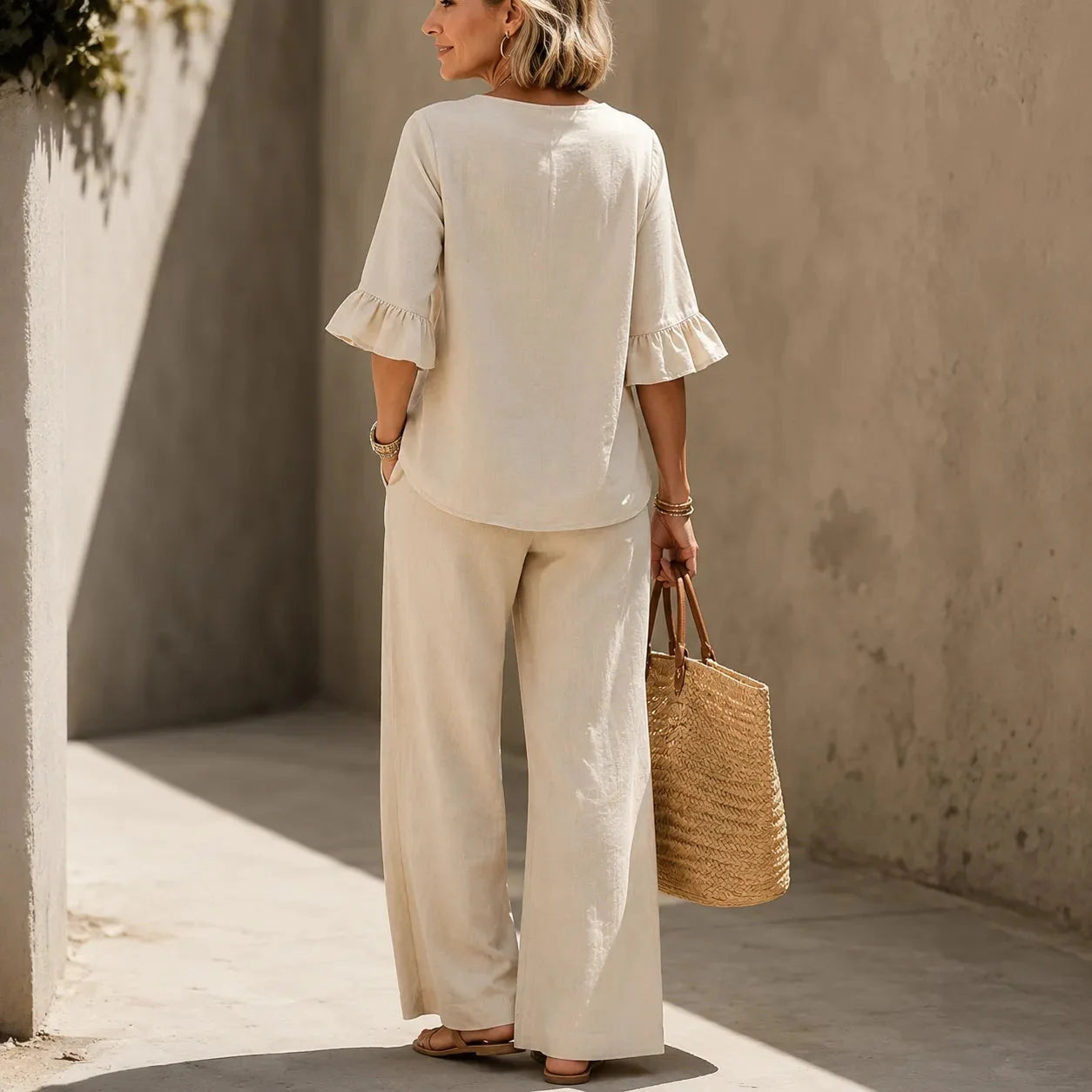 Lunavia – Ensemble de 2 pièces en aspect lin, haut à volants et pantalon large, tenue coordonnée pour femmes