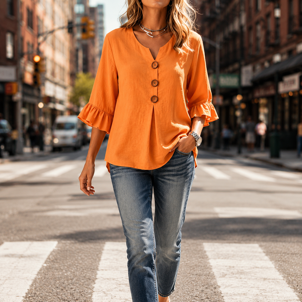 Laurelle – Blouse à manches volantées et décolleté en V avec boutons