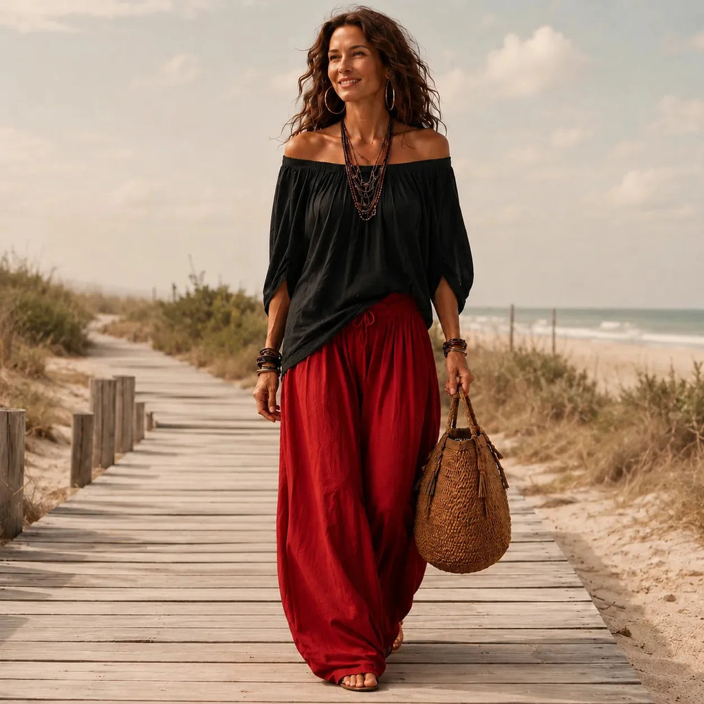 Solenza – Ensemble Haut Off-Shoulder Boho et Pantalons Lantern pour Femmes