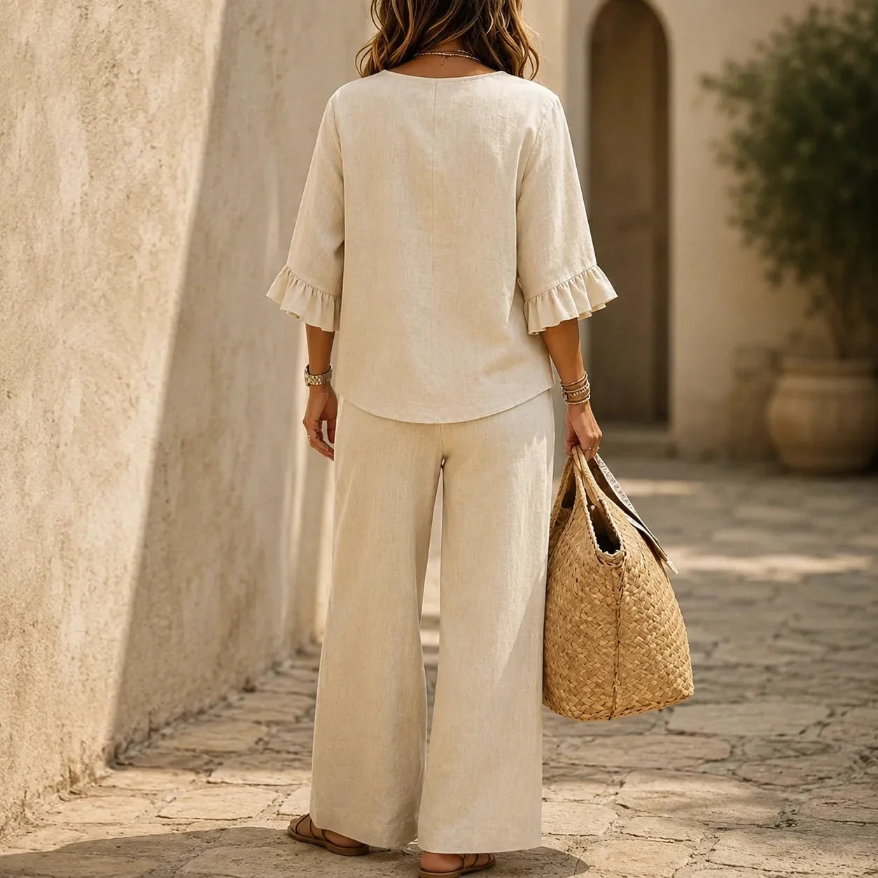 Lunavia – Ensemble Deux Pièces Effet Lin avec Manches Volantes et Pantalon Large