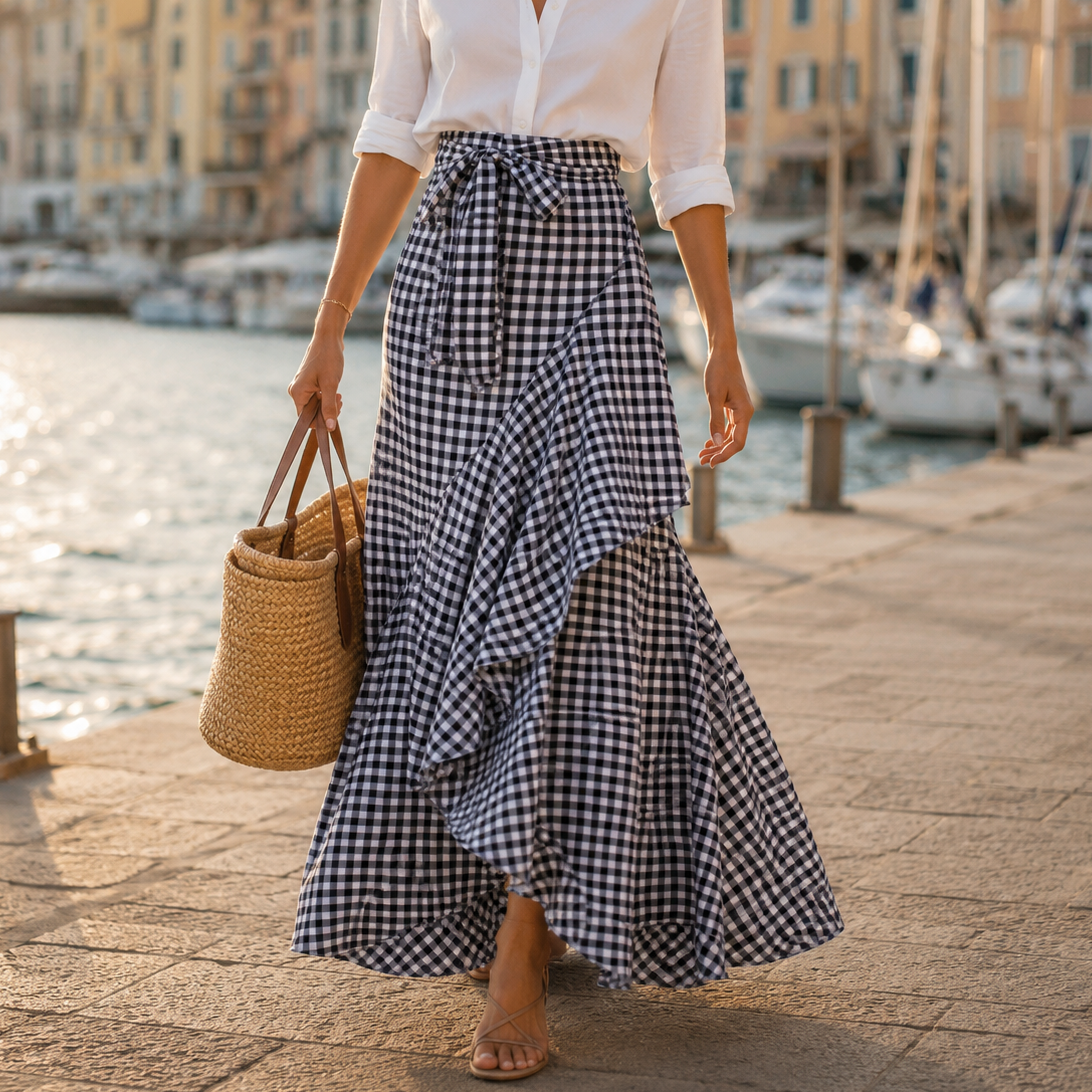 Veluna – Jupe maxi asymétrique à volants en vichy pour femmes