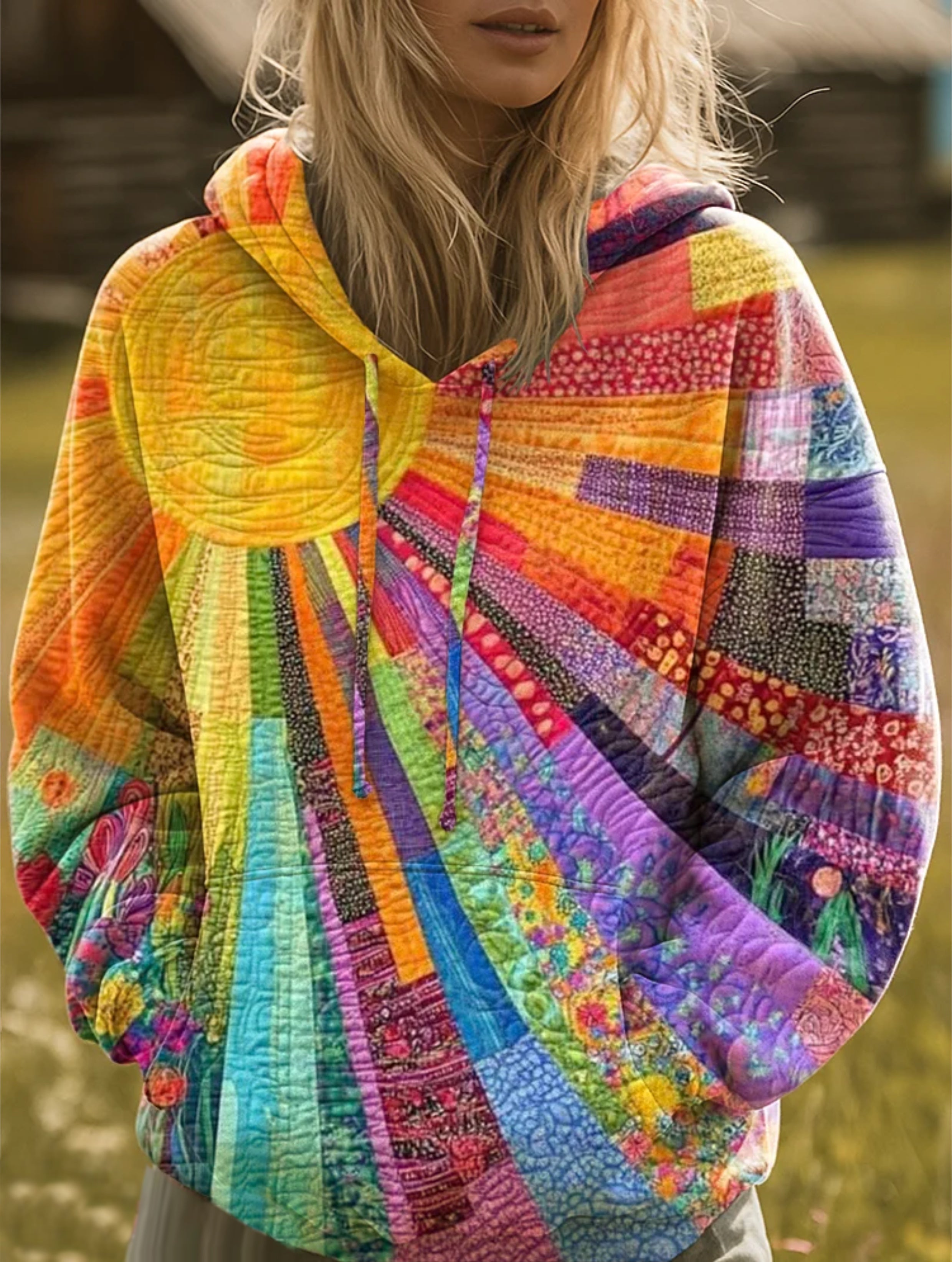 Laura™ - Sweat à capuche patchwork multicolore bohème