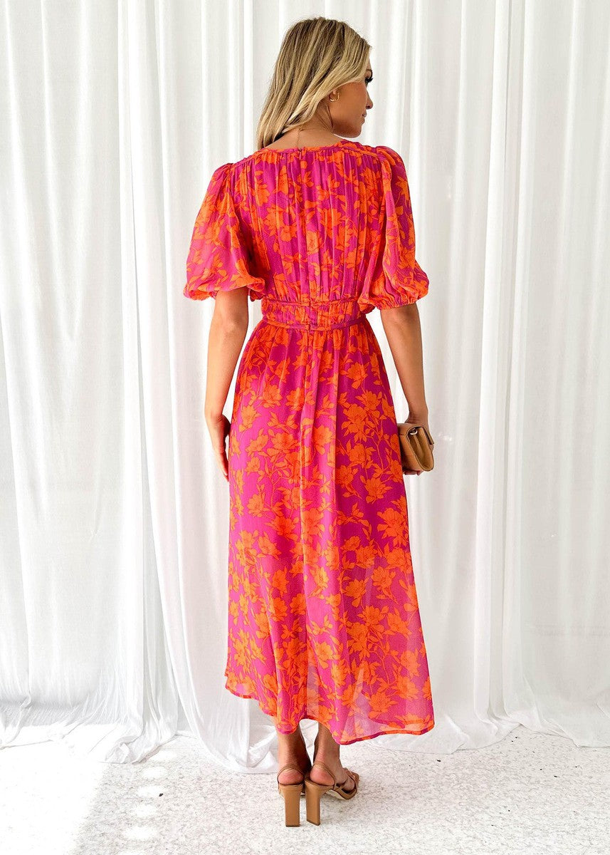 Katy™ - Robe midi élégante avec manches bouffantes et motif floral
