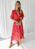 Katy™ - Robe midi élégante avec manches bouffantes et motif floral