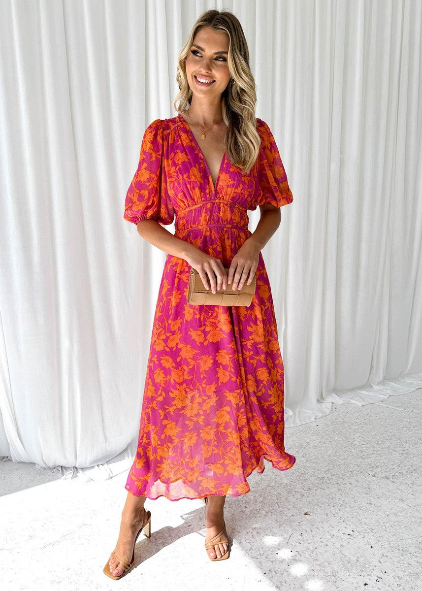 Katy™ - Robe midi élégante avec manches bouffantes et motif floral