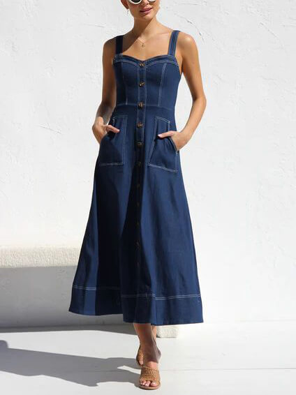 Robe Midi à Boutons en Jean Décontractée