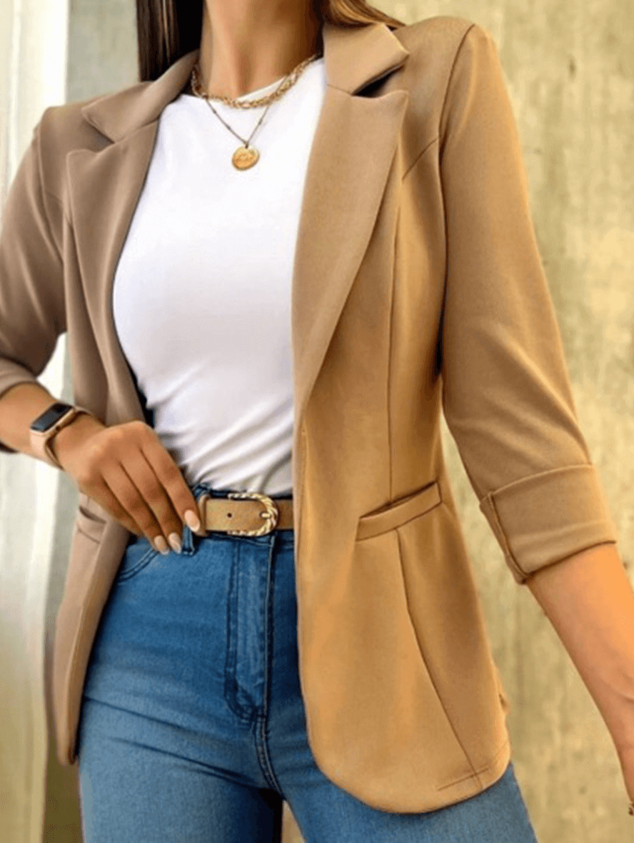 Blazer de bureau uni, poches, col à revers, manches longues, style tailleur pour femmes, veste de mode élégante