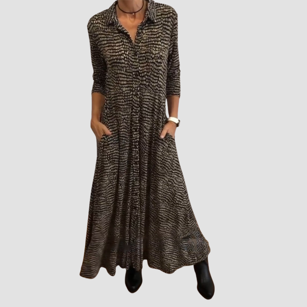 Robe Midi Femme à Manches Mi-Longues, Col Chemise et Poches Latérales