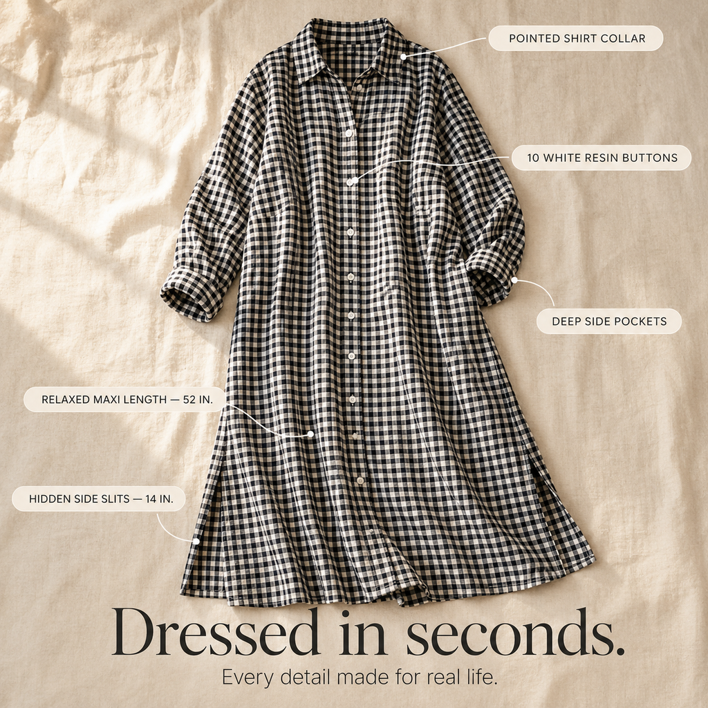 Harlowe – Robe chemise maxi à boutons vichy avec fentes sur les côtés