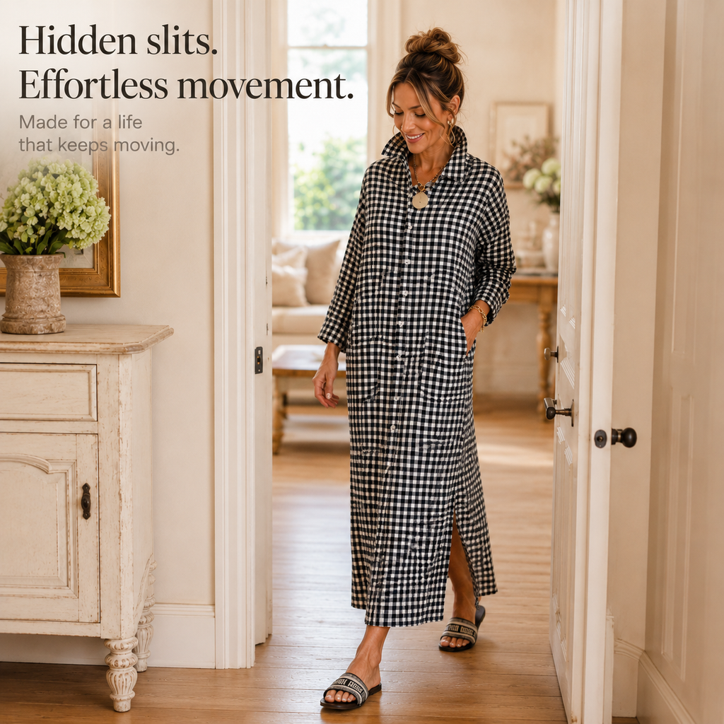 Harlowe – Robe chemise maxi à boutons vichy avec fentes sur les côtés