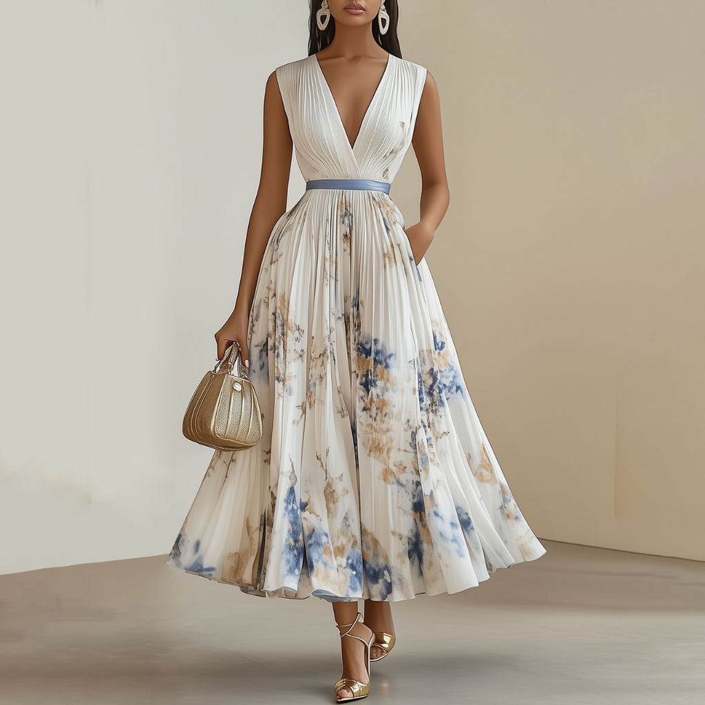 Robe de Cérémonie Florale Élégante en Bleu et Blanc