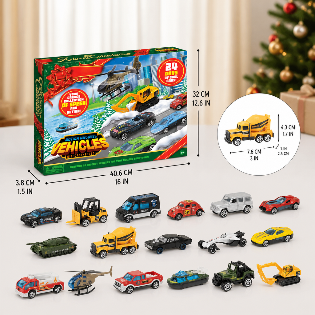 Calendrier de l'Avent Auto Enfants – 24 Voitures Jouets en Métal pour Noël