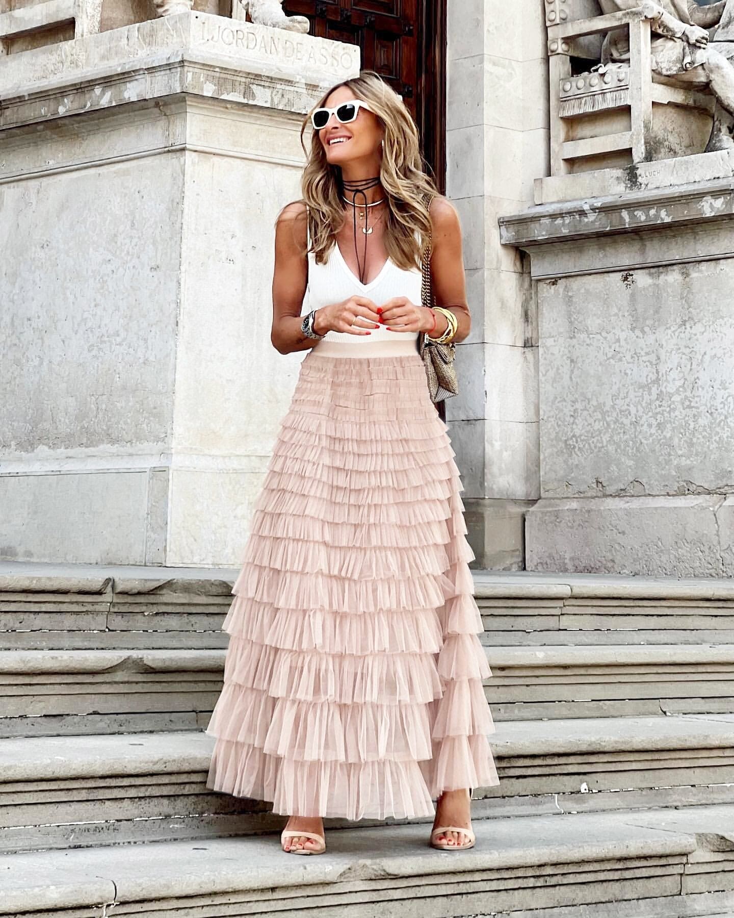 Jupe Maxi en Tulle avec Taille Élastique et Design Multicouches pour Femme