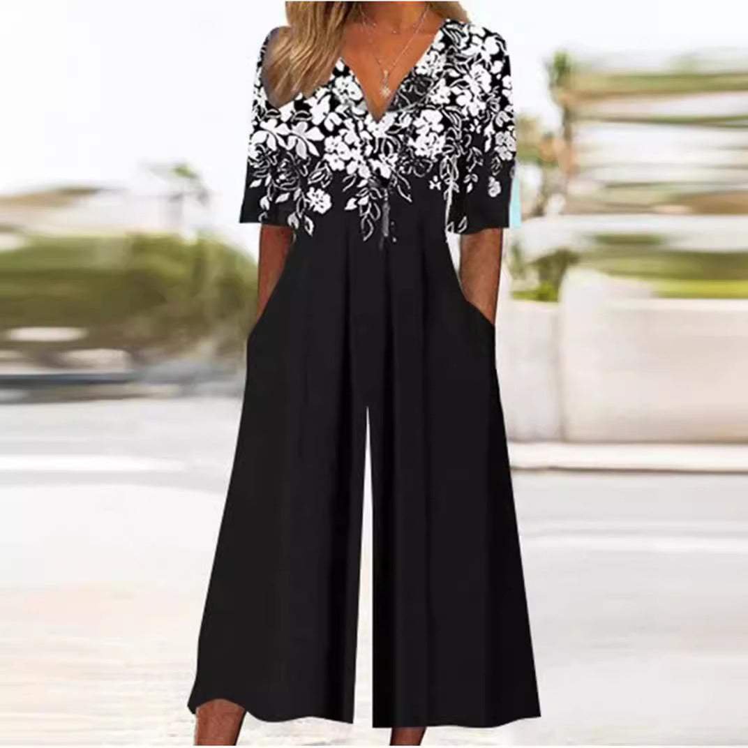 Combinaison Femme | Motif Floral Boho, Décolleté en V & Jambe Large