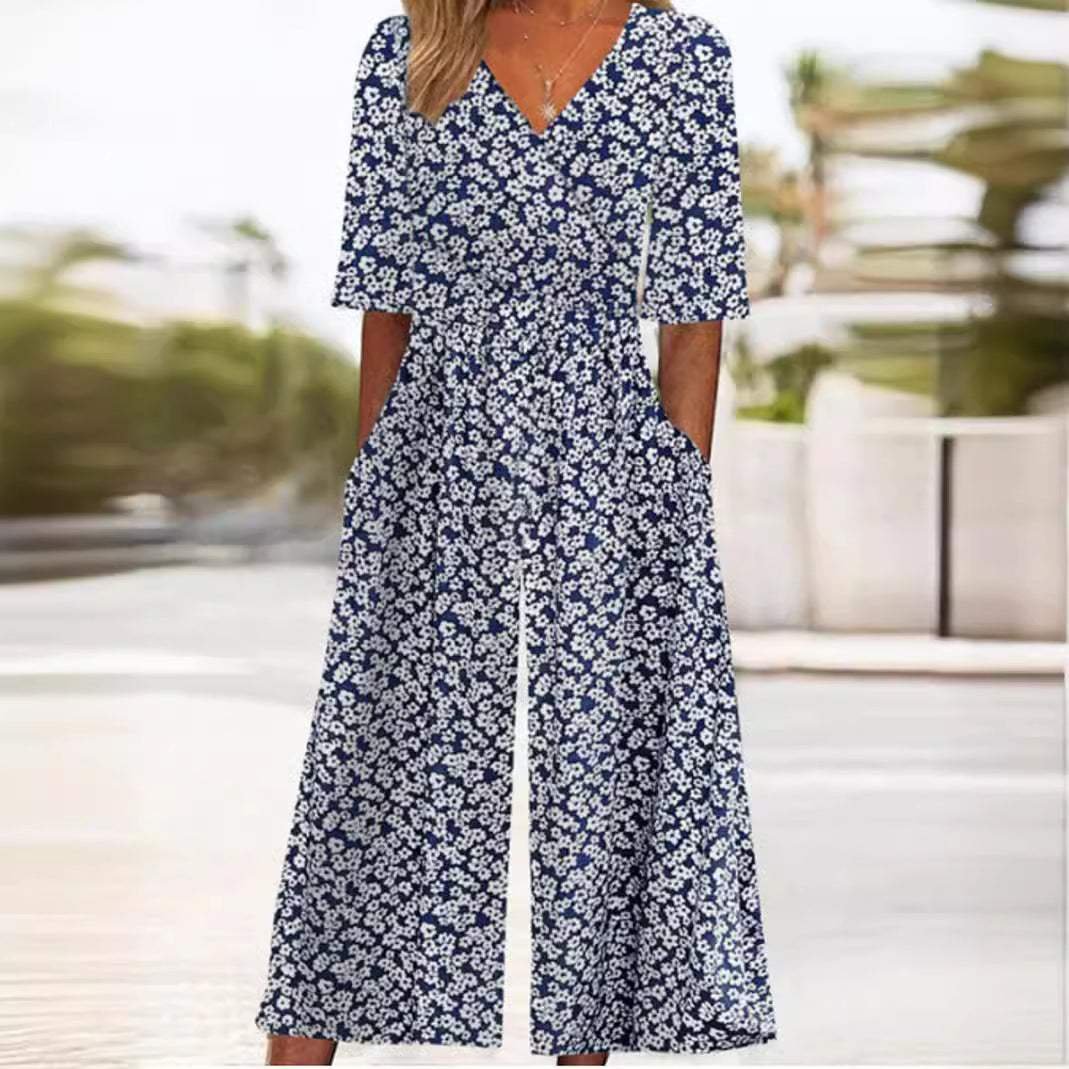 Combinaison Femme | Motif Floral Boho, Décolleté en V & Jambe Large