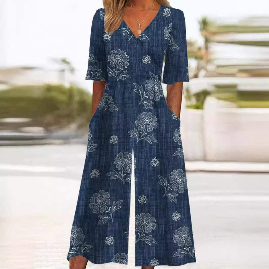 Combinaison Femme | Motif Floral Boho, Décolleté en V & Jambe Large
